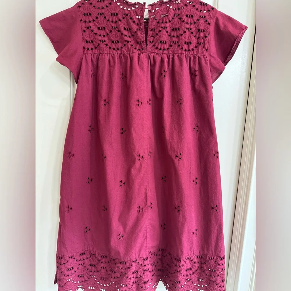 Wine Red Eyelet Mini Dress L Boho Scalloped Hem Embroidered Summer - Picture 2 of 7